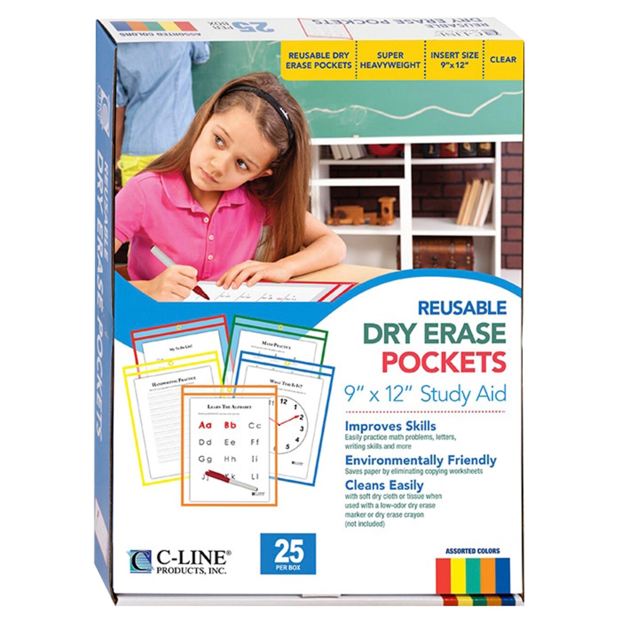 C-Line Dry Erase Reusable Pockets, Assorted Colors, 9 x 12 Inches, Pack of 25